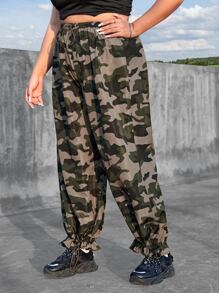 SHEIN ICON Plus Camo Print Drawstring Waist Flounce Hem Trousers - Multicolor - View 3
