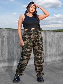 SHEIN ICON Plus Camo Print Drawstring Waist Flounce Hem Trousers - Multicolor - View 4