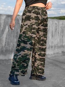 SHEIN ICON Plus Camo Print Drawstring Waist Flounce Hem Trousers - Multicolor - View 6