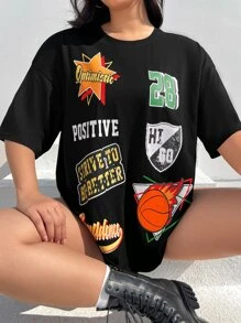 SHEIN EZwear Plus Bikercore Basketball & Letter Graphic Drop Shoulder Tee - Black - View 1