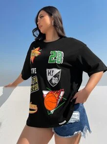 SHEIN EZwear Plus Bikercore Basketball & Letter Graphic Drop Shoulder Tee - Black - View 3