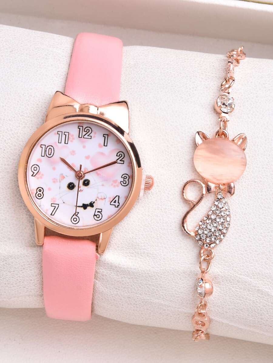 1入組兒童卡通圖案石英表和1入組手環