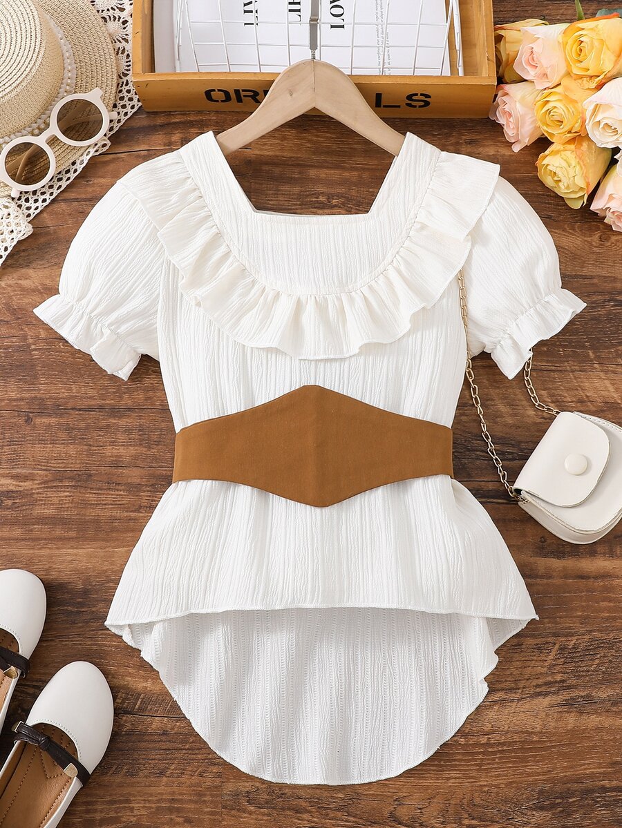 Chicas Blusa ribete con fruncido de manga farol bajo irregular con cinturón - Albaricoque - Ver 1