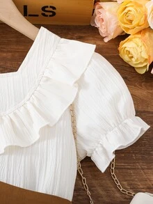 Chicas Blusa ribete con fruncido de manga farol bajo irregular con cinturón - Albaricoque - Ver 4