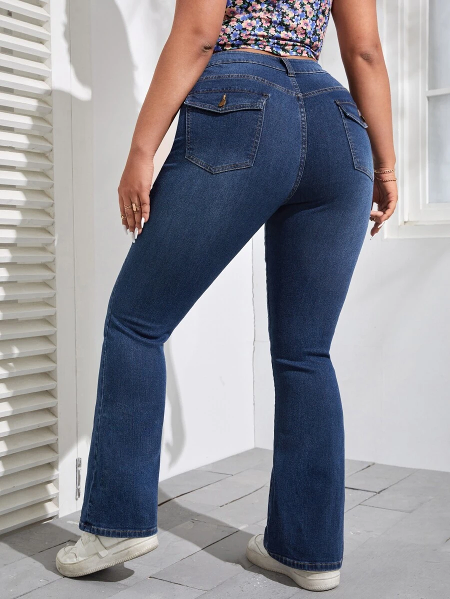 SHEIN Essnce Plus Flap Pocket Flare Leg Jeans - Dark Wash - View 1