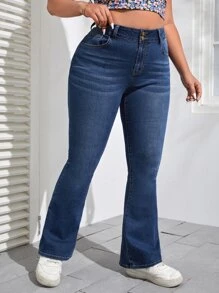 SHEIN Essnce Plus Flap Pocket Flare Leg Jeans - Dark Wash - View 2