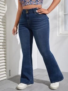 SHEIN Essnce Plus Flap Pocket Flare Leg Jeans - Dark Wash - View 3