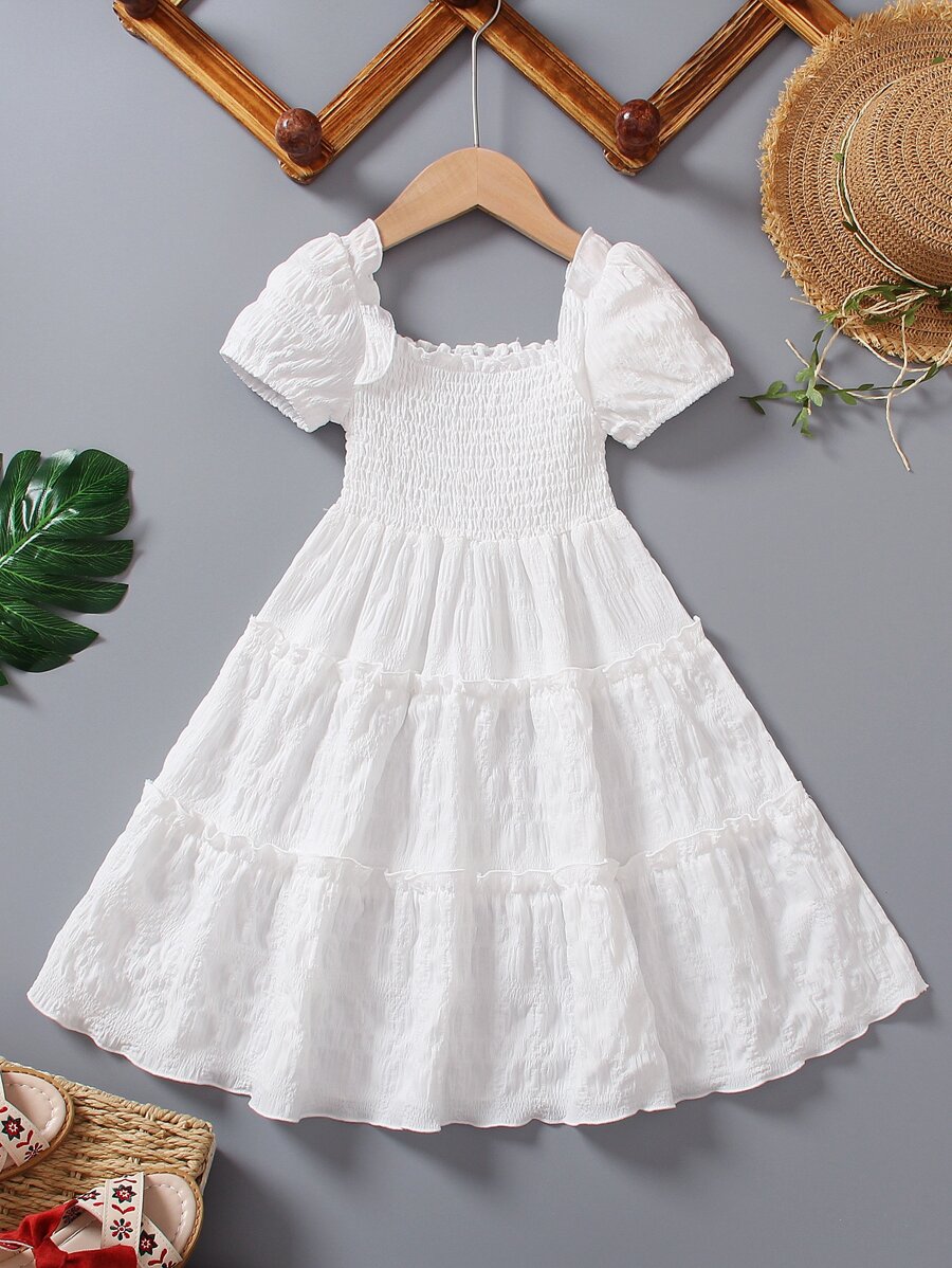 Elladie kids Young Girls Elegant Shirred Puff Sleeve Ruffle Hem Layered Cake Dress, Suitable For Party And Vacation, Summer Summer Holiday - White - View 1