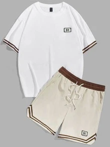 ROMWE MEN Prep Áo thun nam kẻ sọc vá chữ & quần short rút dây, đi học - Nhiều màu - Xem 1