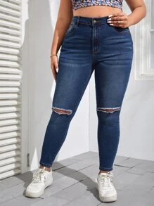 SHEIN Jeans ajustados desgarro - Azul lavado oscuro - Ver 1
