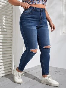 SHEIN Jeans ajustados desgarro - Azul lavado oscuro - Ver 3