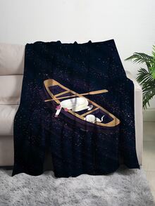1pc Boat & Figure Graphic Blanket - Multicolor - View 1