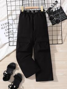 Girls Flap Pocket Side Belted Trousers - Black - View 1
