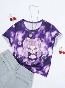 Girls Tie Dye Figure Graphic Tee - Purple - View 1