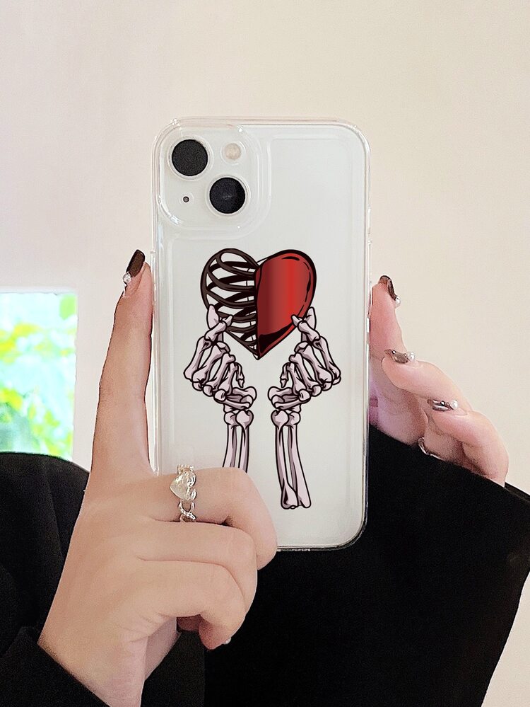 Heart & Skeleton Print Clear Phone Case - Multicolor - View 1