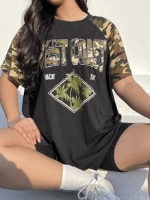 SHEIN EZwear Plus Camo & Letter Graphic Raglan Sleeve Tee - Black - View 2