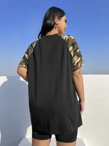 SHEIN EZwear Plus Camo & Letter Graphic Raglan Sleeve Tee - Black - View 3
