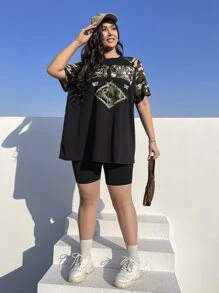 SHEIN EZwear Plus Camo & Letter Graphic Raglan Sleeve Tee - Black - View 4