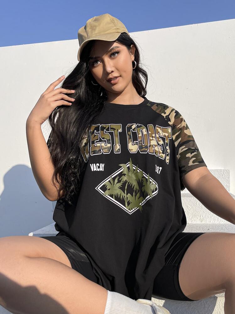 SHEIN EZwear Plus Camo & Letter Graphic Raglan Sleeve Tee - Black - View 1