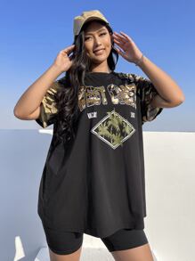 SHEIN EZwear Plus Camo & Letter Graphic Raglan Sleeve Tee - Black - View 6