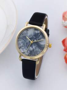 1入組黑色荔枝紋壓花PU聚氨酯帶休閒圓形錶盤石英表,適用於日常生活 - 黑色 - 查看 2