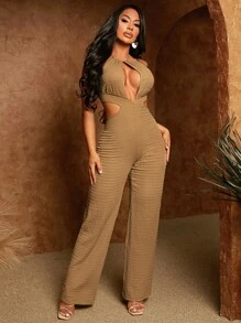 SHEIN SXY Cut Out Tie Backless Halter Jumpsuit - Brown - View 1