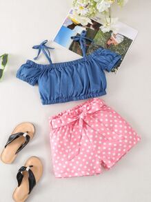 Toddler Girls Cold Shoulder Bow Shoulder Top & Polka Dot Belted Shorts - Multicolor - View 1