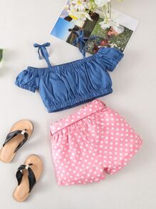 Toddler Girls Cold Shoulder Bow Shoulder Top & Polka Dot Belted Shorts - Multicolor - View 2
