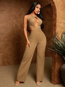 SHEIN SXY Cut Out Tie Backless Halter Jumpsuit - Brown - View 4