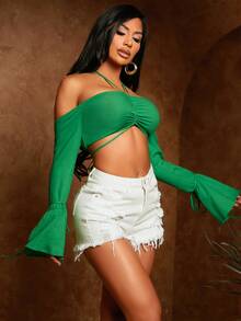 SHEIN SXY Off Shoulder Drawstring Ruched Bust Split Sleeve Crop Top - Green - View 3