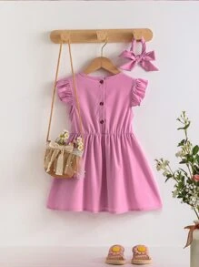 Toddler Girls Floral Embroidery Ruffle Trim Dress With Headband - Purple - View 2