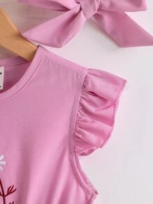 Toddler Girls Floral Embroidery Ruffle Trim Dress With Headband - Purple - View 6