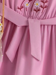 Toddler Girls Floral Embroidery Ruffle Trim Dress With Headband - Purple - View 7