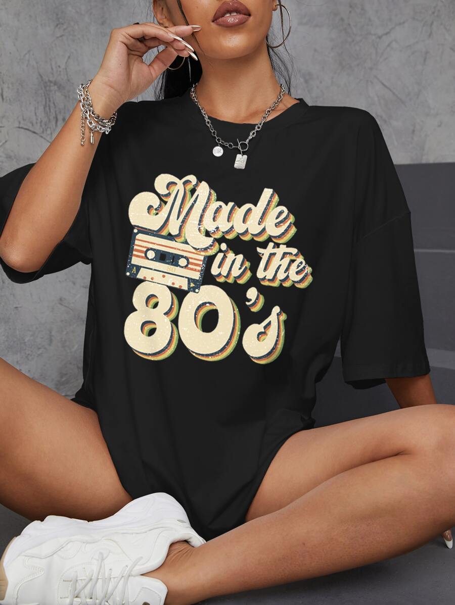 SHEIN EZwear Letter Graphic Drop Shoulder Oversized Tee - Black - View 1