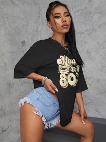 SHEIN EZwear Letter Graphic Drop Shoulder Oversized Tee - Black - View 5