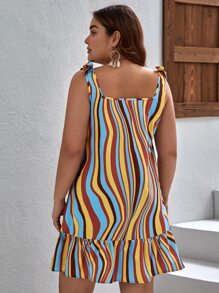 SHEIN VCAY Đầm Plus Size Thắt nút Viên lá sen Nút phía trước Sọc Boho - Nhiều màu - Xem 3
