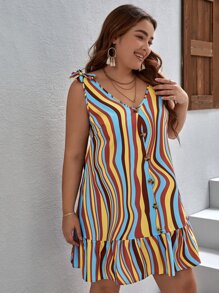 SHEIN VCAY Đầm Plus Size Thắt nút Viên lá sen Nút phía trước Sọc Boho - Nhiều màu - Xem 4