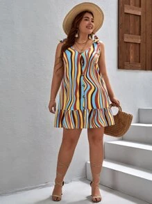 SHEIN VCAY Đầm Plus Size Thắt nút Viên lá sen Nút phía trước Sọc Boho - Nhiều màu - Xem 5