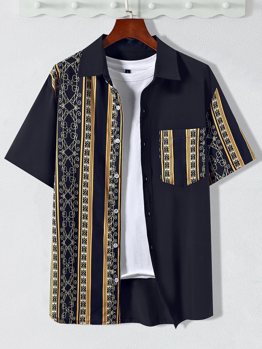 Manfinity Men Geo Print Patched Pocket Shirt Without Tee - Multicolor - View 1