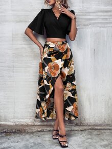 SHEIN LUNE 交疊領蝴蝶袖短款上衣和印花裹身裙 - 彩色 - 查看 1