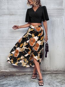 SHEIN LUNE 交疊領蝴蝶袖短款上衣和印花裹身裙 - 彩色 - 查看 4