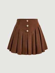 SHEIN MOD Button Front Pleated Skirt - Coffee Brown - View 2