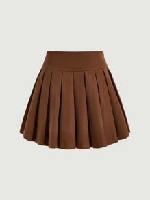 SHEIN MOD Button Front Pleated Skirt - Coffee Brown - View 5