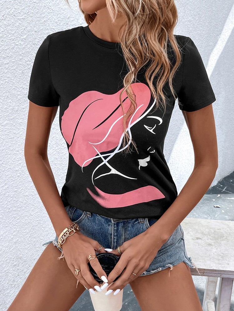 SHEIN LUNE Figure Graphic Tee - Black - View 3