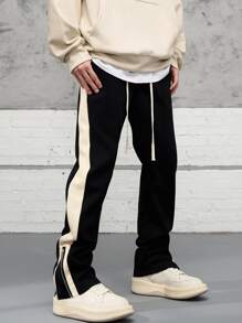 Aesthetic Post--Men Contrast Side Seam Drawstring Waist Sweatpants - Black - View 1