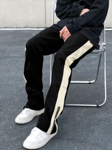 Aesthetic Post--Men Contrast Side Seam Drawstring Waist Sweatpants - Black - View 4