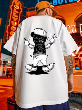 Camiseta casual de manga corta y cuello redondo con estampado gráfico de dibujos animados, de corte holgado para hombre