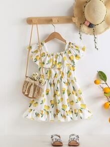 Niñas Vestido con estampado de limón ribete con fruncido - Blanco - Ver 1