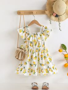 Niñas Vestido con estampado de limón ribete con fruncido - Blanco - Ver 2