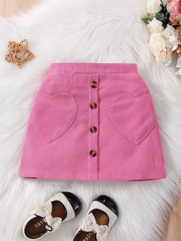 SHEIN Young Girl Heart Patched Button Front Skirt